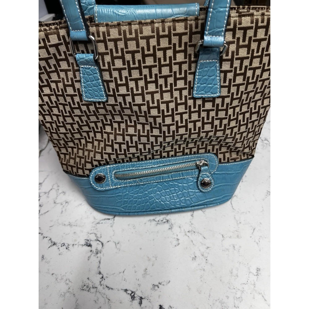 Tommy Hilfiger Monogram Tote Bag w/ Turquoise Faux Croc Trim